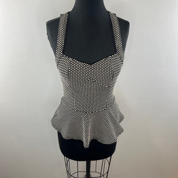 SANS SOUCI Knit Polka Dot Body Con Cut Out Back Peplum Zipper Top Size M Medium - Picture 3 of 9